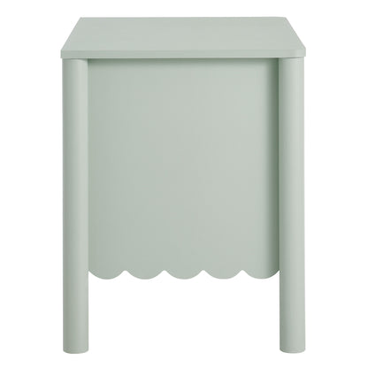 Sage green 2-drawer nightstand with rounded legs & scalloped apron; clean, modern minimalist bedside furniture.