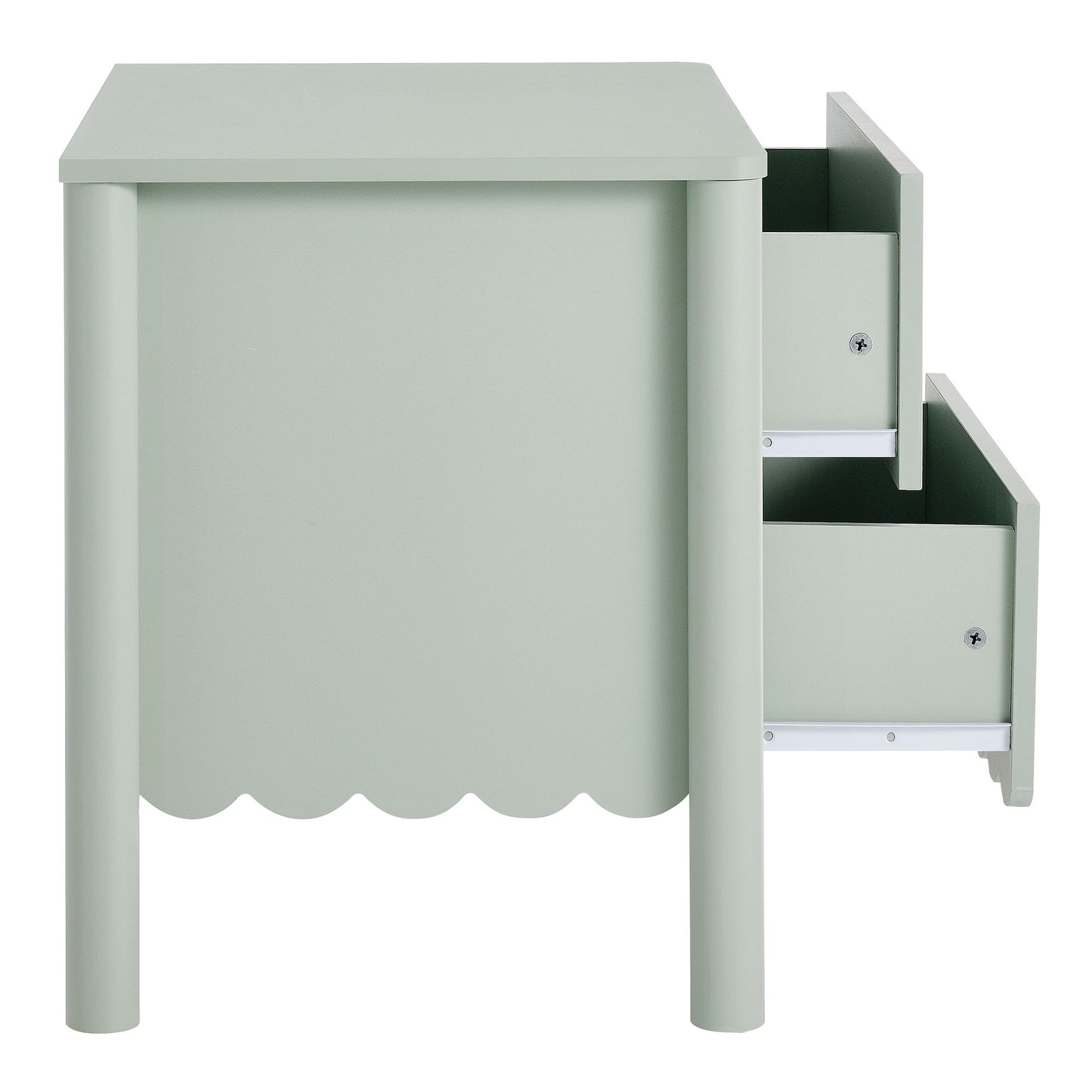 Pastel sage green wooden nightstand with scalloped apron and two small side drawers with round knobs.