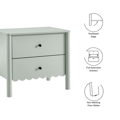 Green wood two-drawer nightstand with scalloped apron, full-extension drawers, and non-marking floor glides.