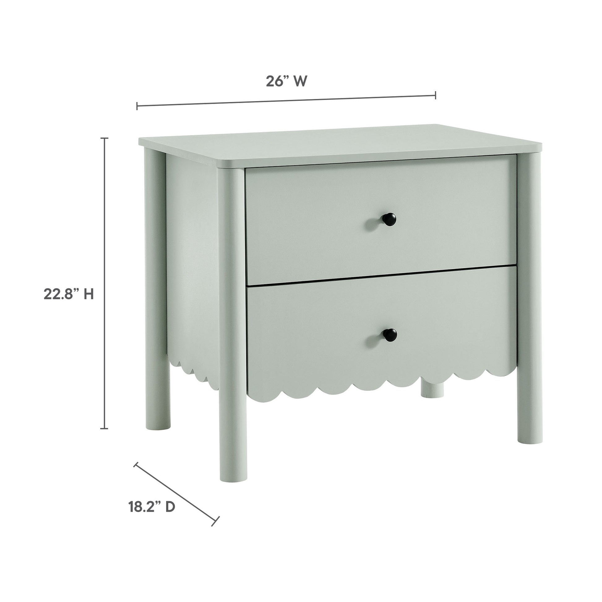 Sage gray wood two-drawer nightstand with scalloped apron, round black knobs, and straight legs; farmhouse style.