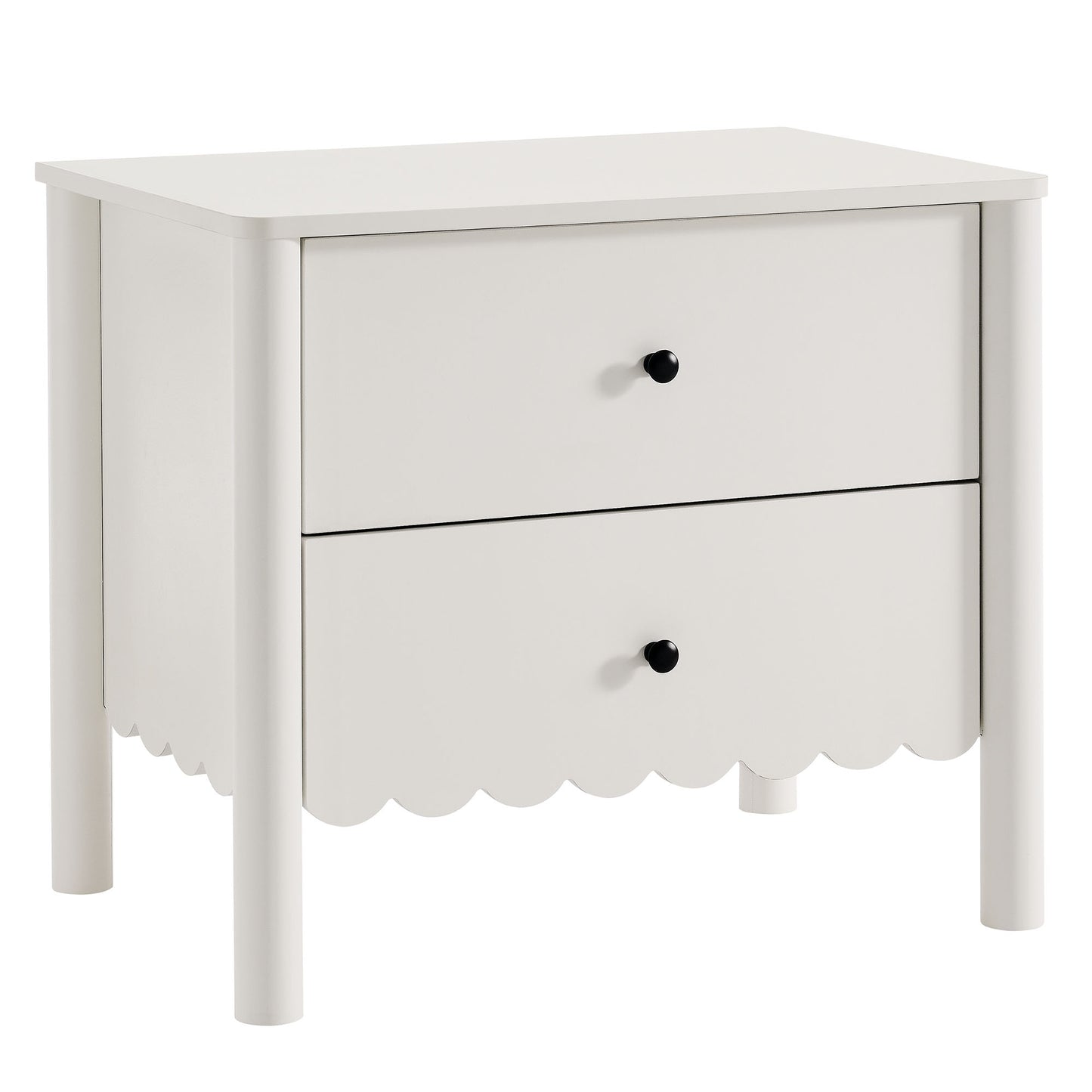 White wooden two-drawer nightstand with scalloped apron, black knobs, rectangular top and sturdy legs - cottage style.