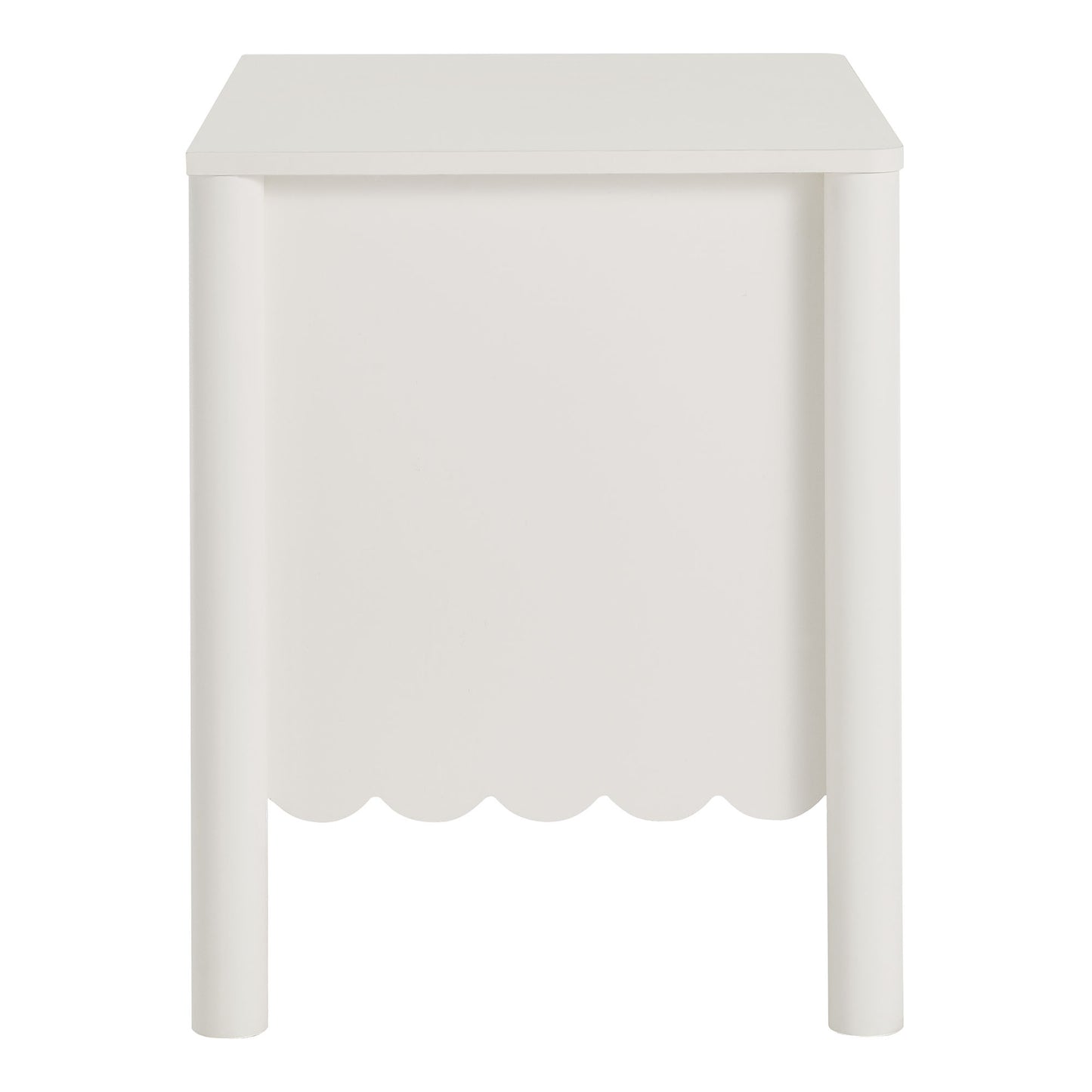 White end table with rectangular top, rounded legs & scalloped apron.