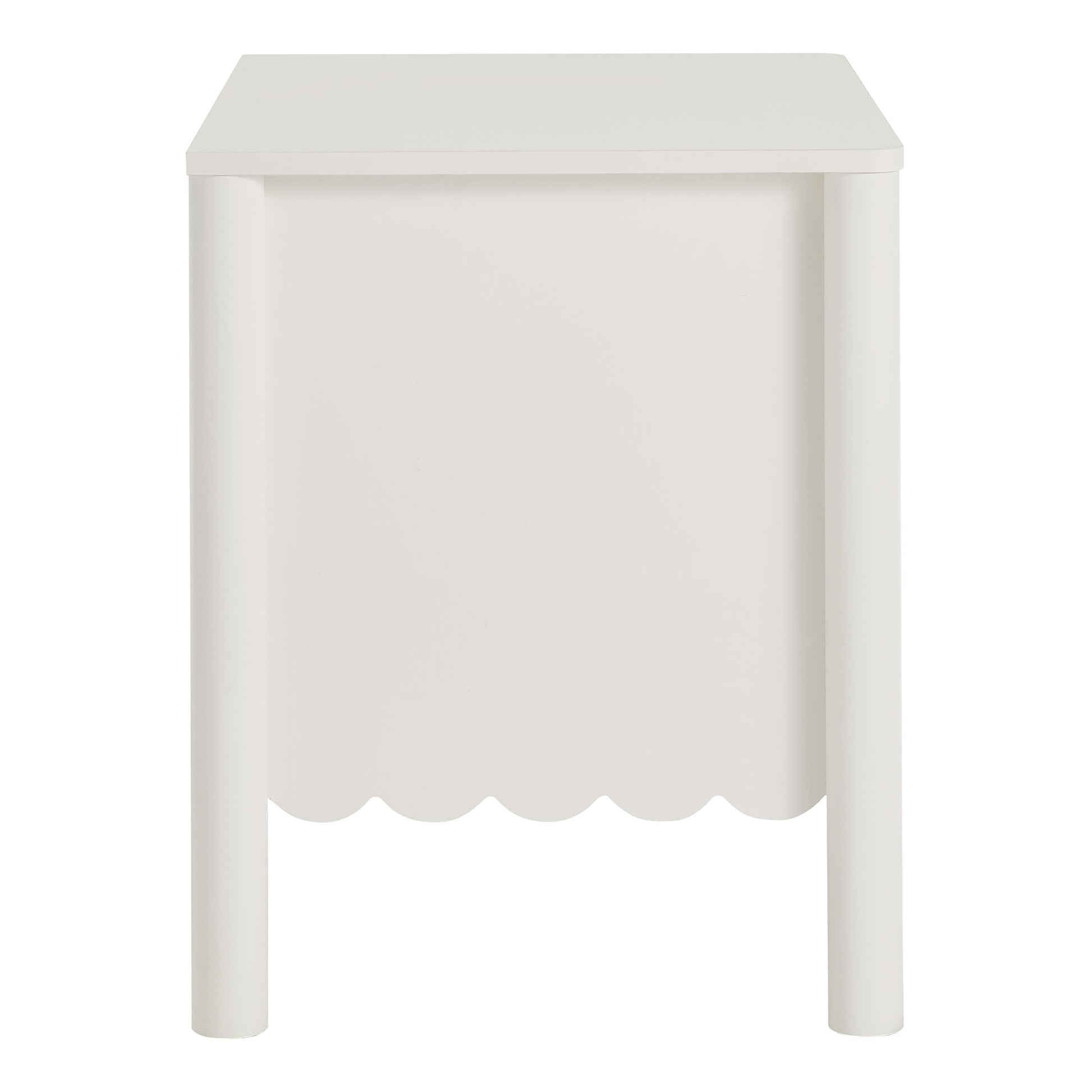 White end table with rectangular top, rounded legs & scalloped apron.