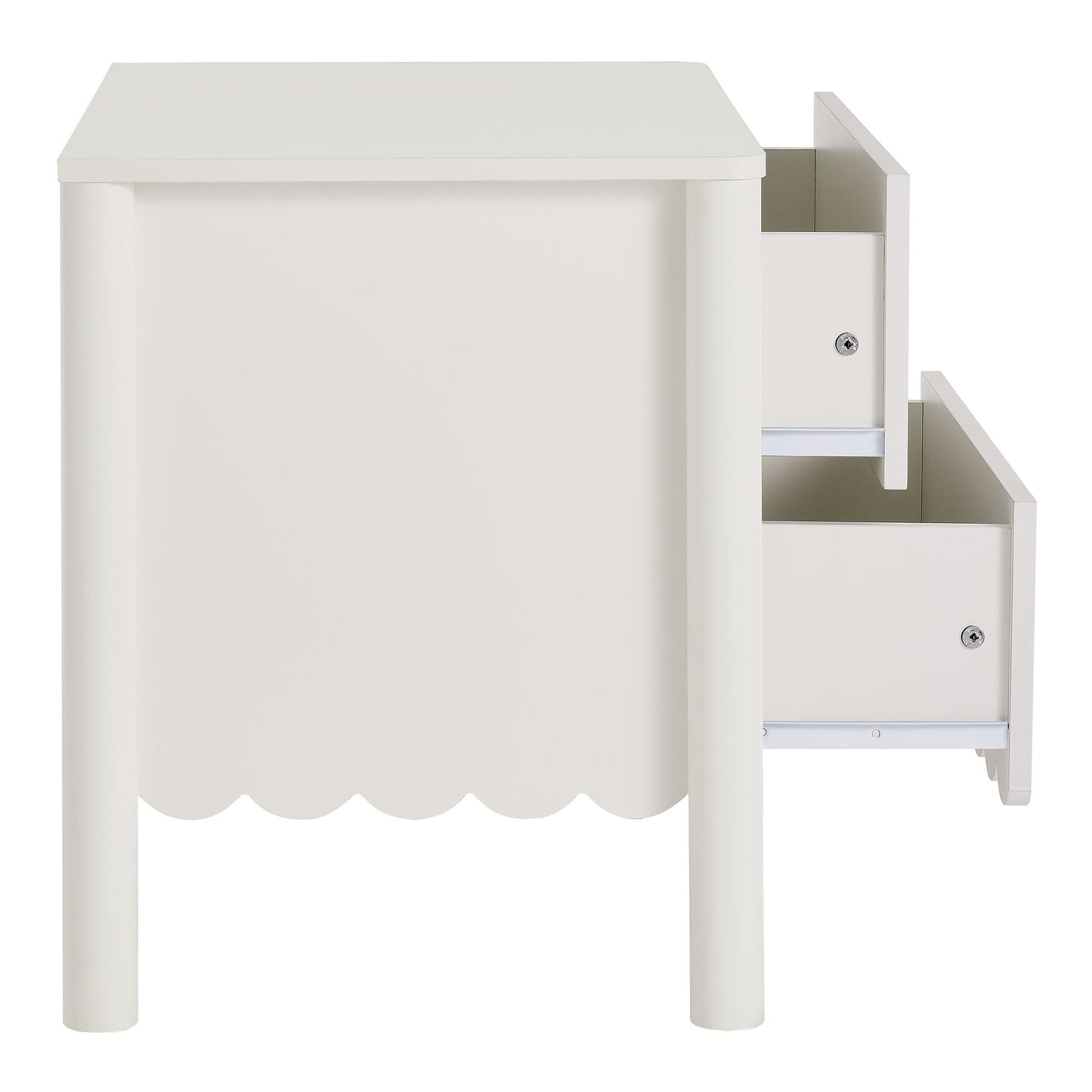 White nightstand with scalloped front skirt, cylindrical legs, and two small right-side drawers with metal knobs.