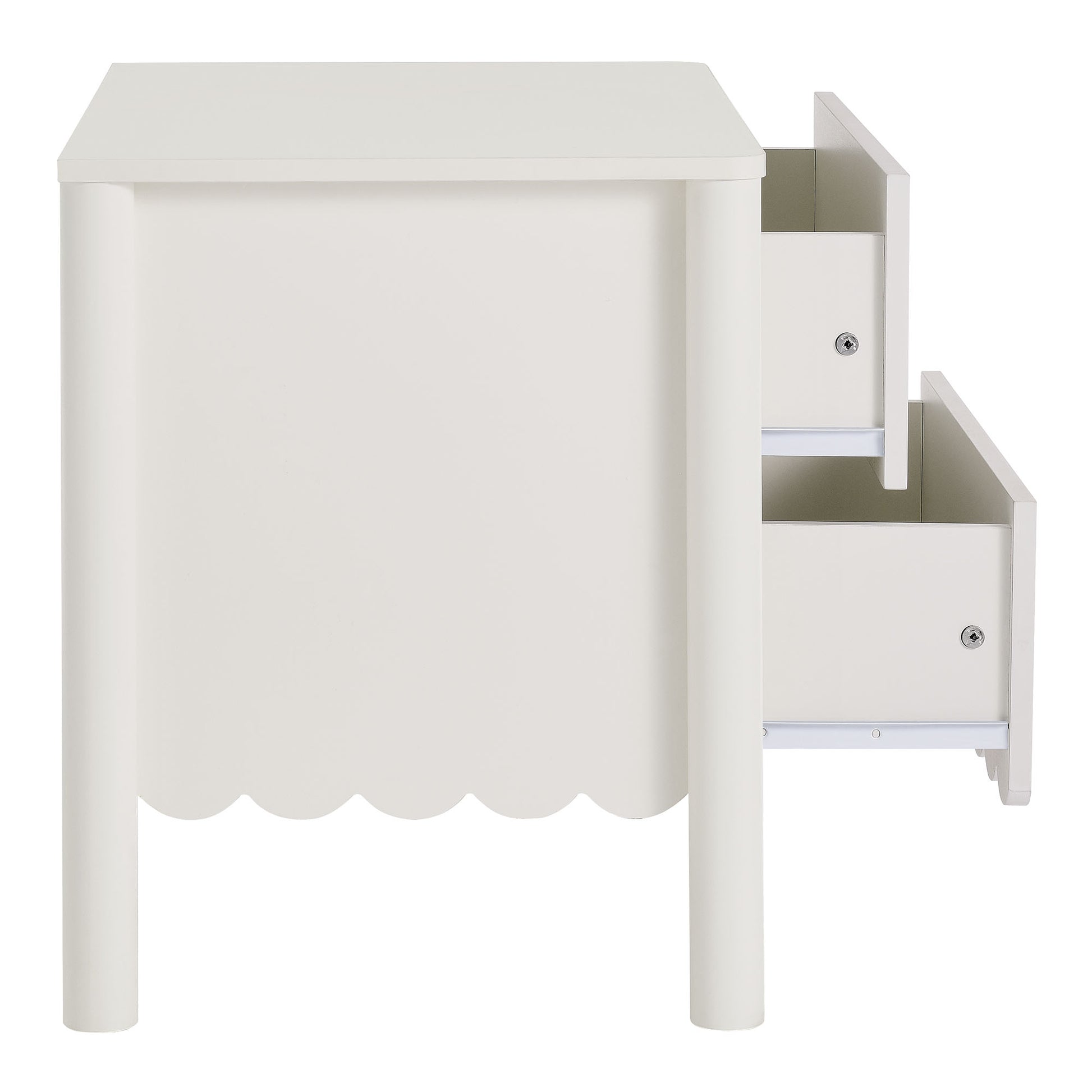 White nightstand with scalloped front skirt, cylindrical legs, and two small right-side drawers with metal knobs.