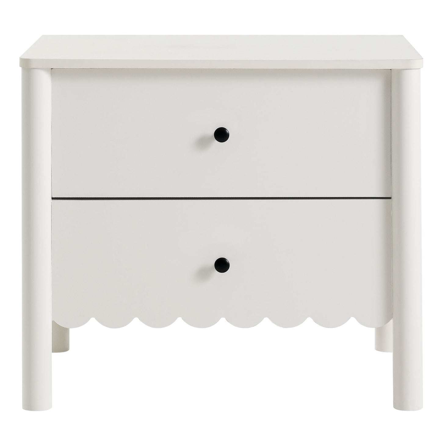 White two-drawer nightstand with scalloped bottom edge, black round knobs, and slim cylindrical legs.