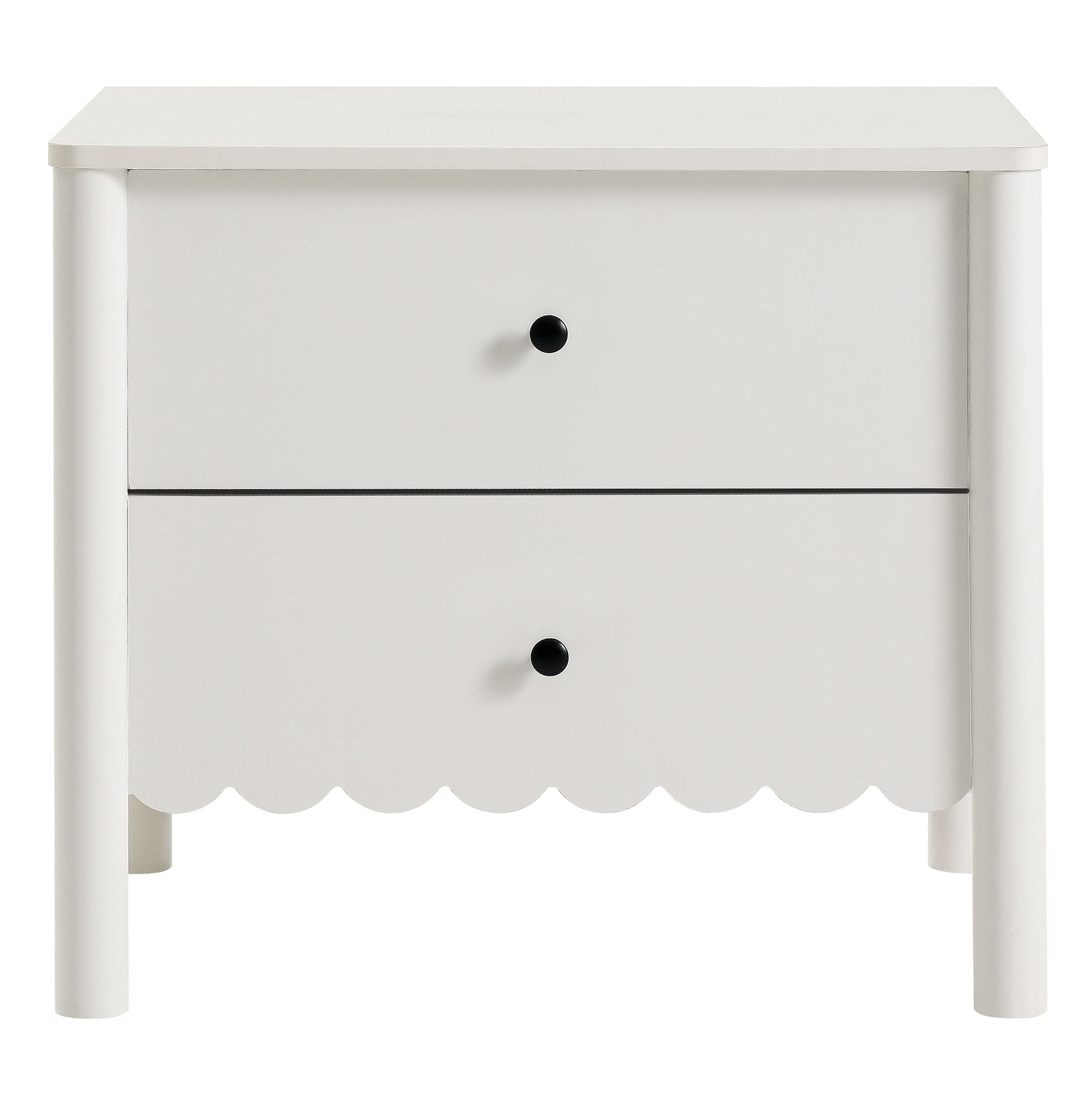 White two-drawer nightstand with scalloped bottom edge, black round knobs, and slim cylindrical legs.