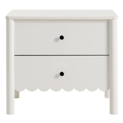 White two-drawer nightstand with scalloped bottom edge, black round knobs, and slim cylindrical legs.