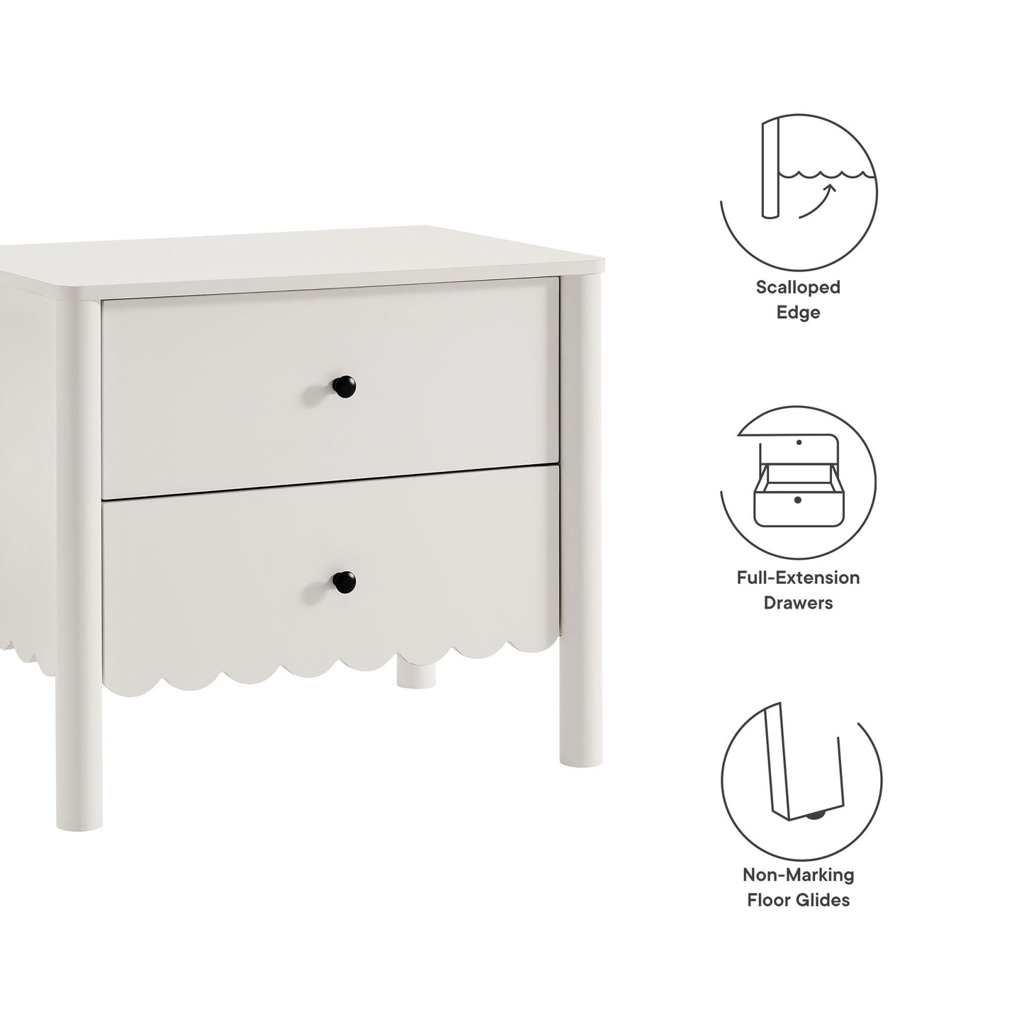 White two-drawer nightstand with scalloped edge, black knobs, full-extension drawers and non-marking floor glides.