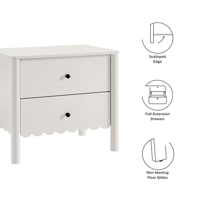 White two-drawer nightstand with scalloped edge, black knobs, full-extension drawers and non-marking floor glides.