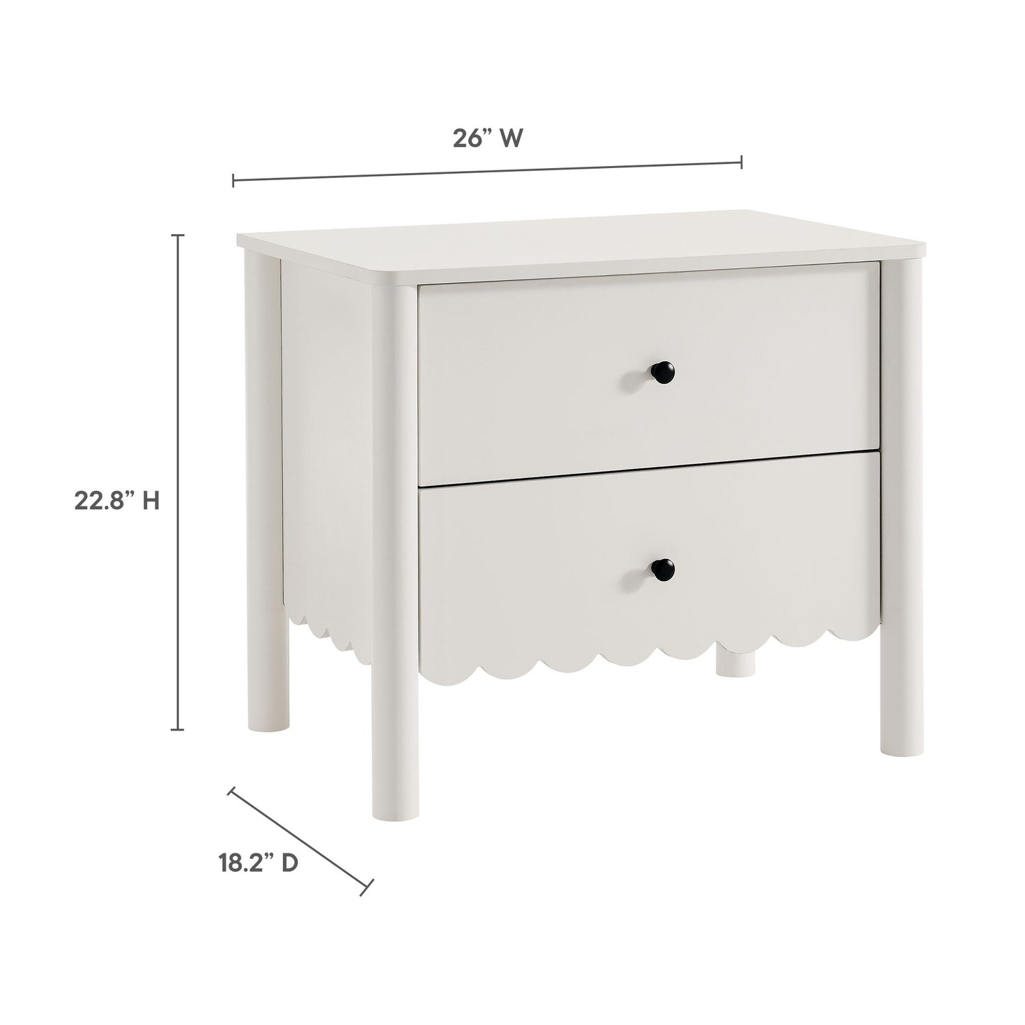 White wooden two-drawer nightstand with scalloped apron and black knobs, 26"W x 22.8"H x 18.2"D