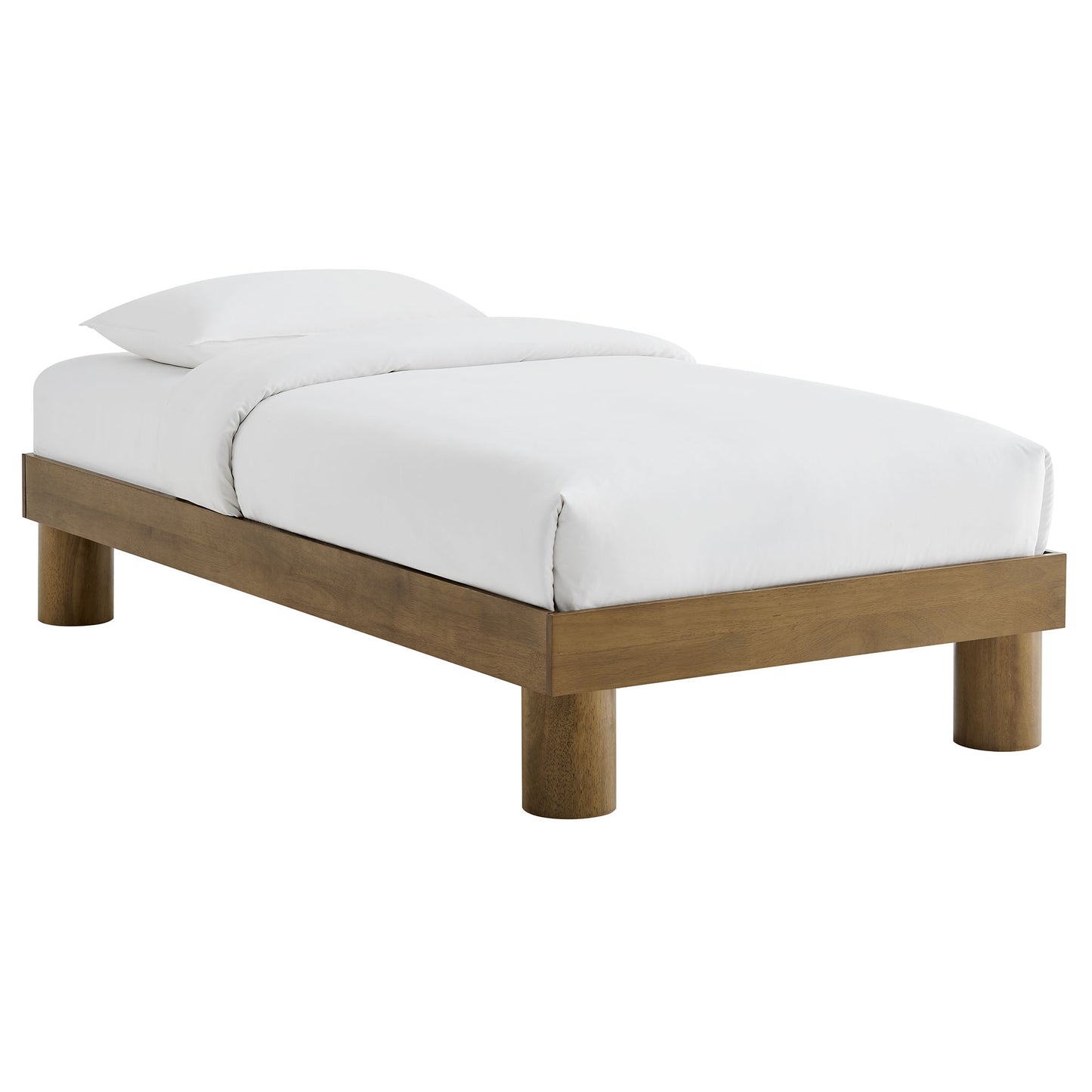 Low-profile brown-finish wooden platform bed with white duvet and pillows; minimalist Scandinavian style.