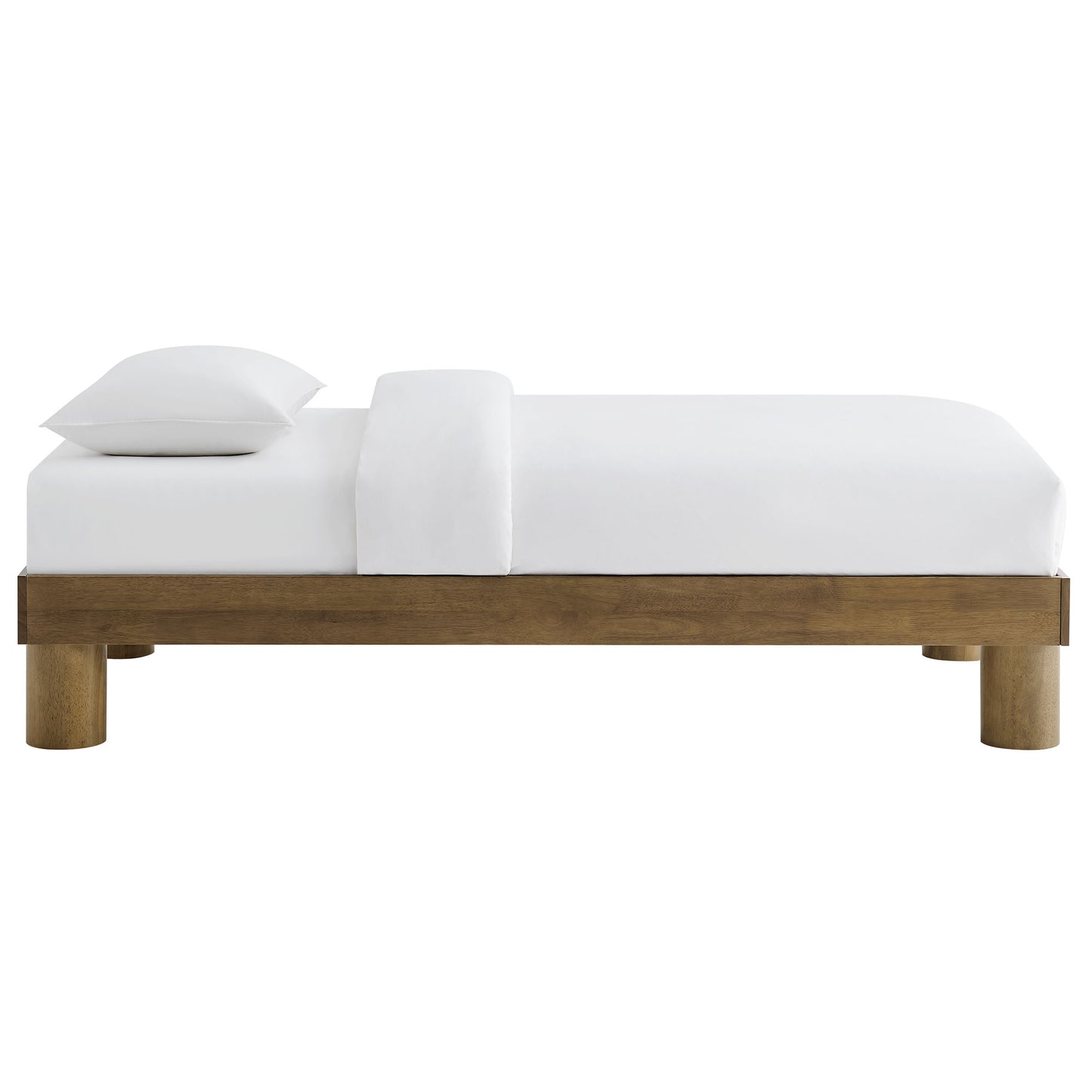 Natural wood platform bed with white bedding and two pillows, minimalist modern style.