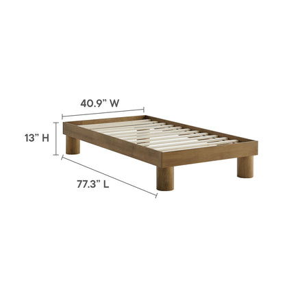 Brown wood platform bed frame with white slatted base, rounded legs, rustic-modern twin-size design