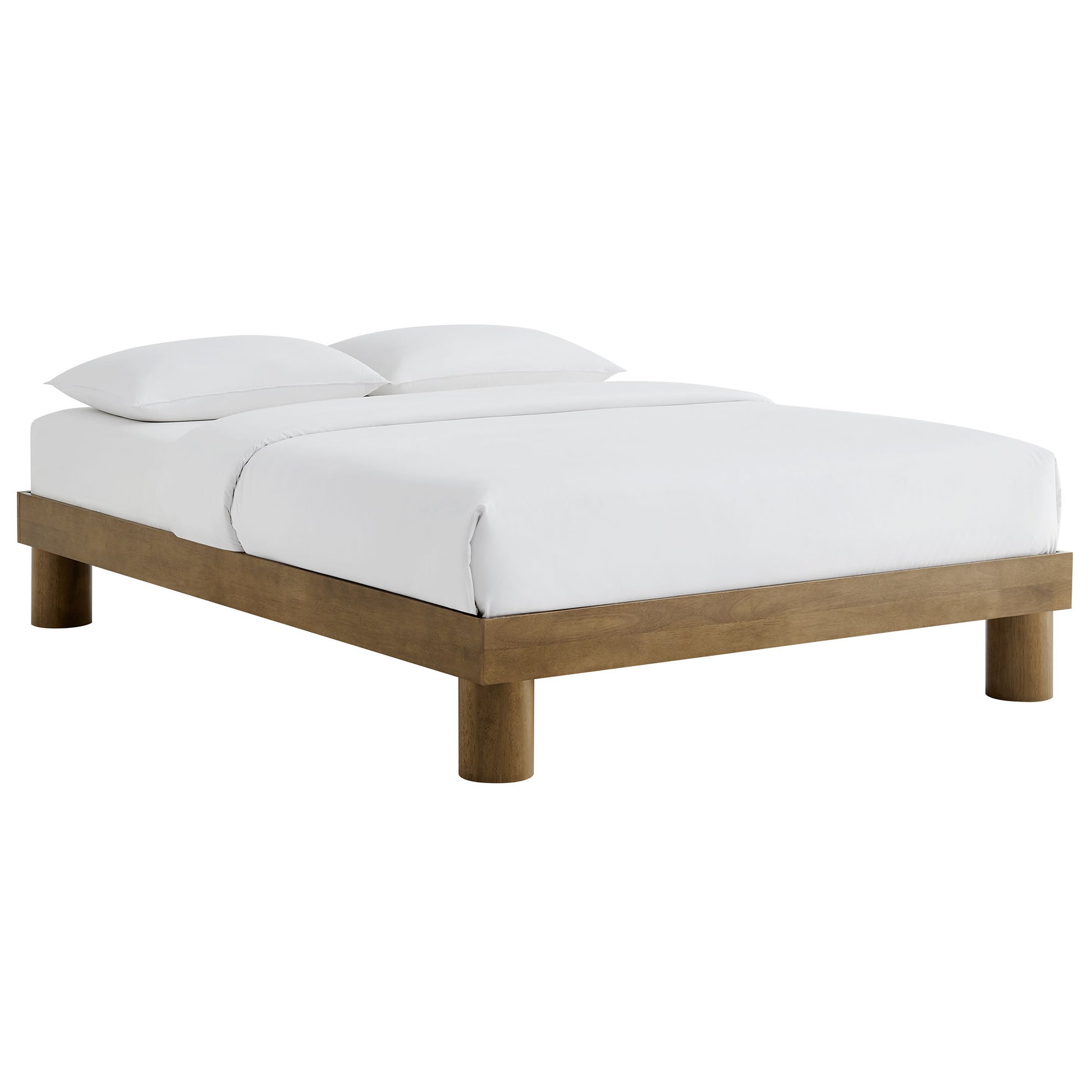 Minimalist platform bed with brown wood frame and white bedding, two pillows, low-profile four legs.