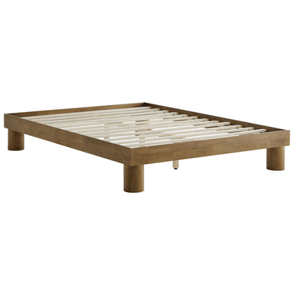 Natural brown wooden platform bed frame with slatted base and four chunky legs.