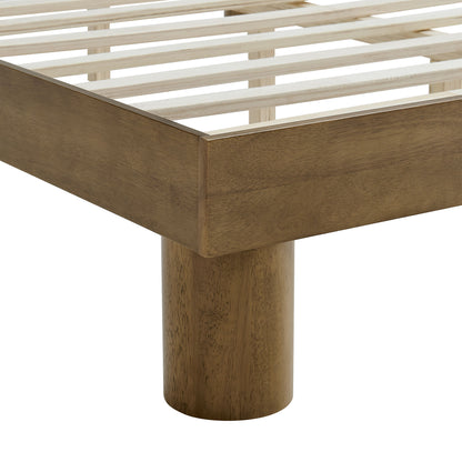 Brown wooden full platform bed with rectangular rail, light slat support, and cylindrical legs.