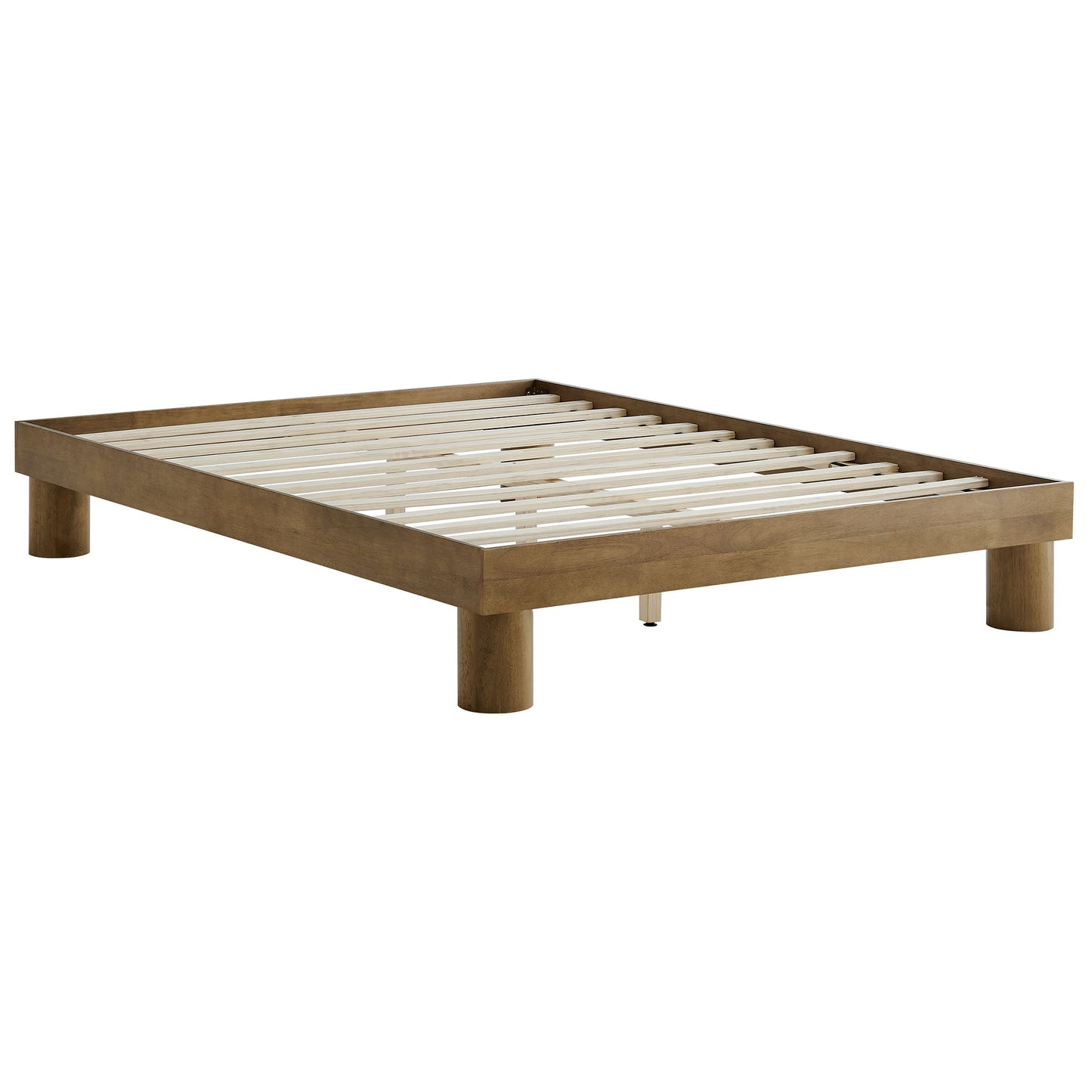 MOD-7210-FRO wooden platform bed frame with slatted base, brown finish, four chunky legs.