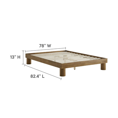 Warm brown wooden platform bed with slatted base; 13" high, 82.4" L, 78" W.