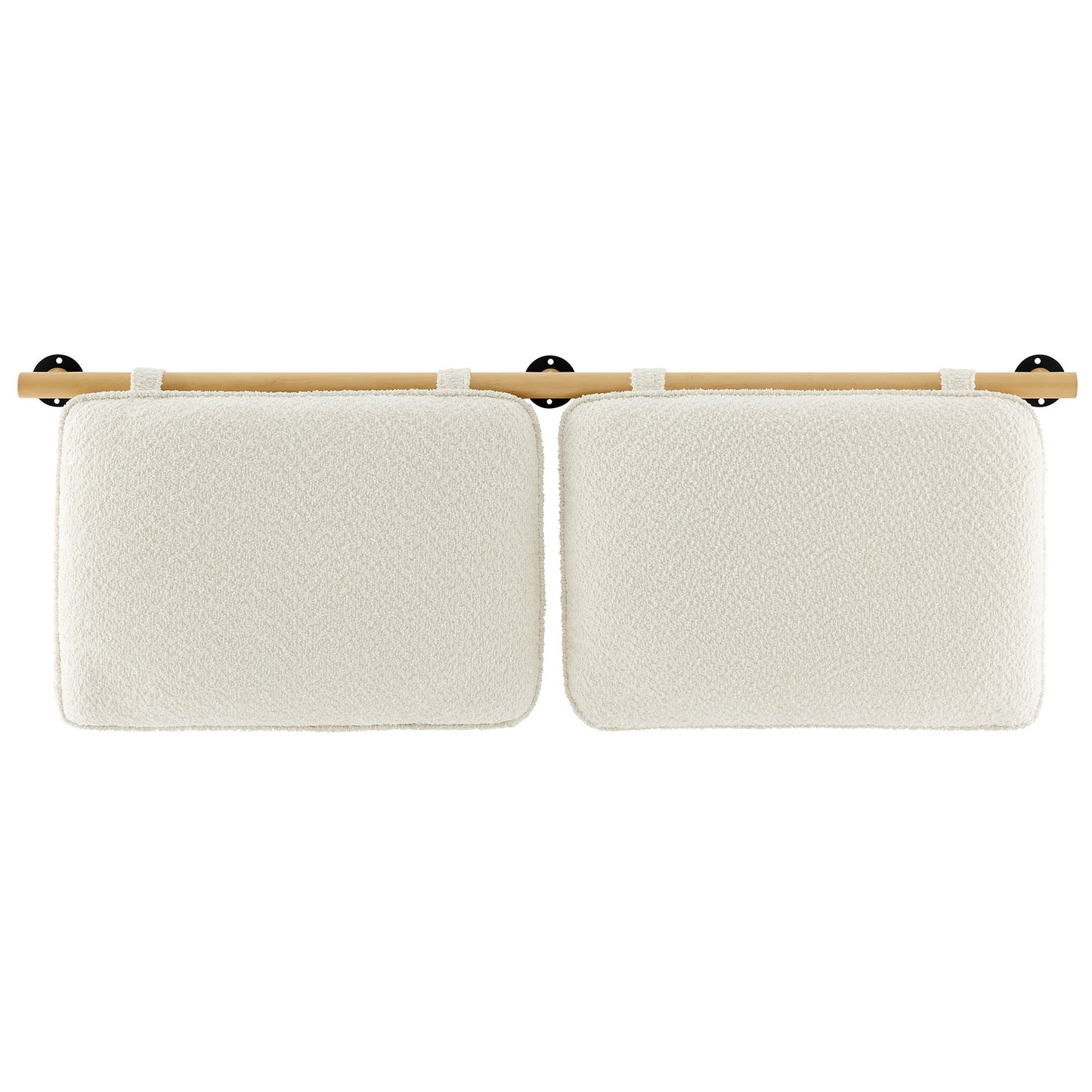 Pair of cream textured cushions mounted on a light wood rod with white loops and black wall brackets.