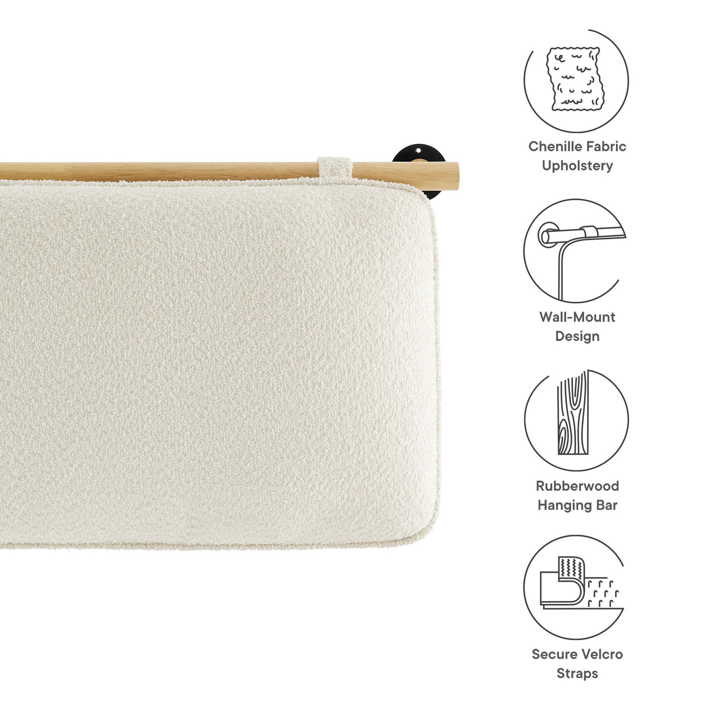 Cream chenille upholstered queen headboard with rounded corners, wall-mounted on a natural rubberwood bar with Velcro straps.