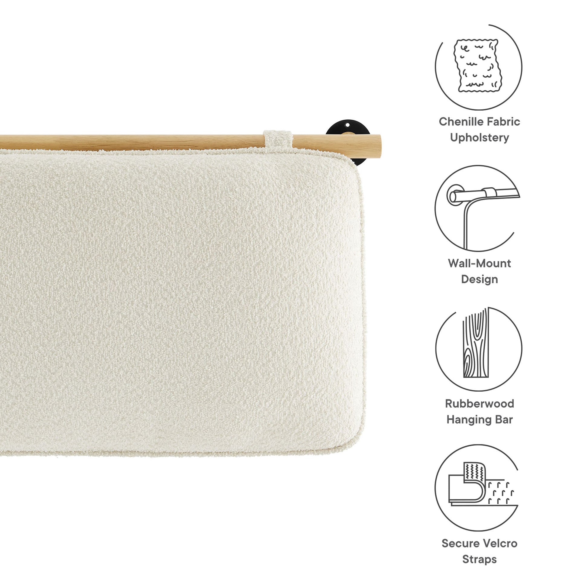 Cream chenille upholstered queen headboard with rounded corners, wall-mounted on a natural rubberwood bar with Velcro straps.