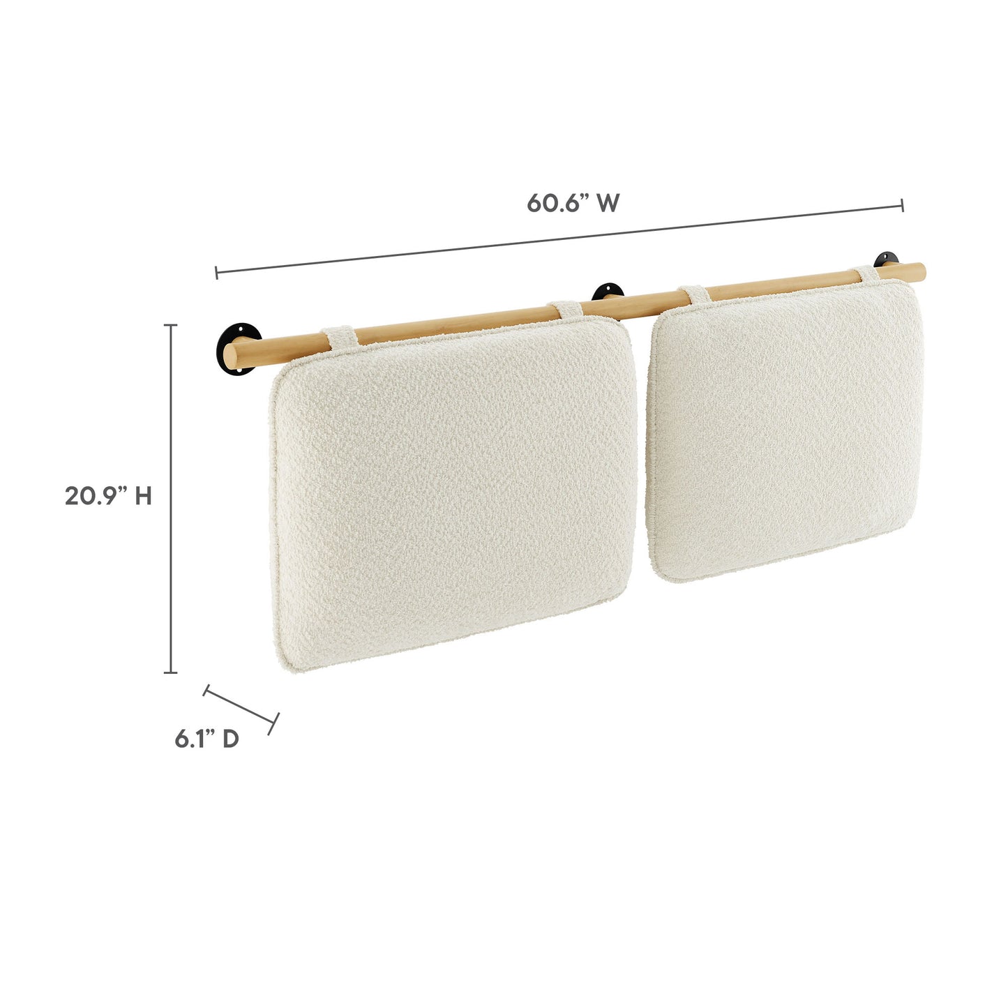Cream chenille upholstered queen wall-mounted headboard with padded panels.