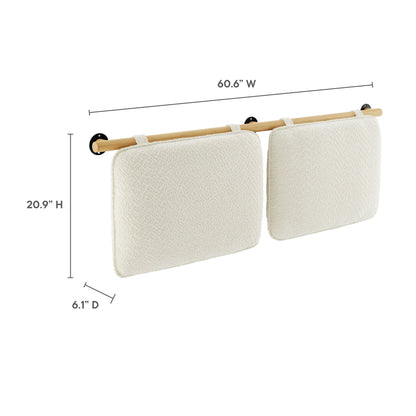 Cream chenille upholstered queen wall-mounted headboard with padded panels.
