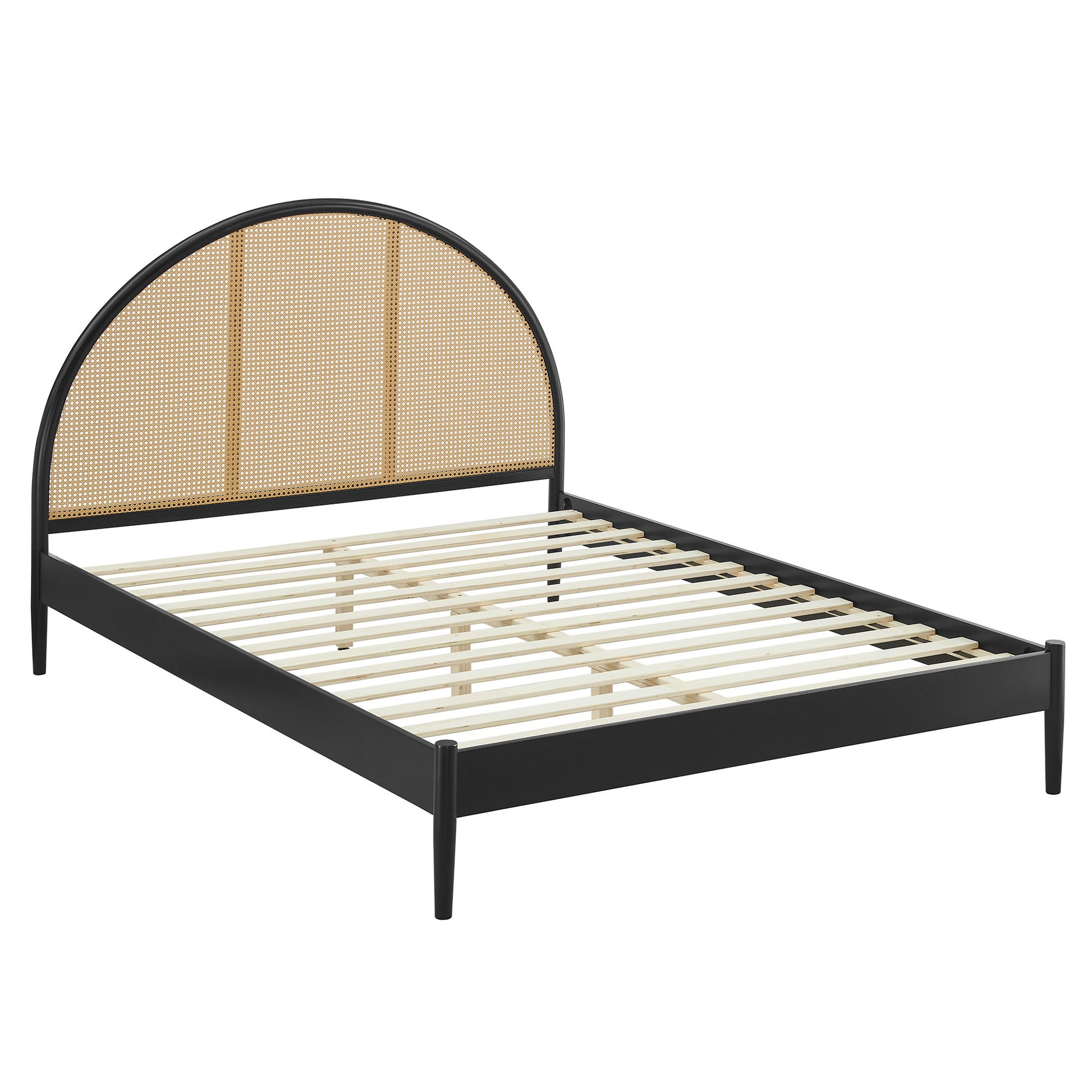 Black queen-size platform bed with an arched rattan cane headboard.