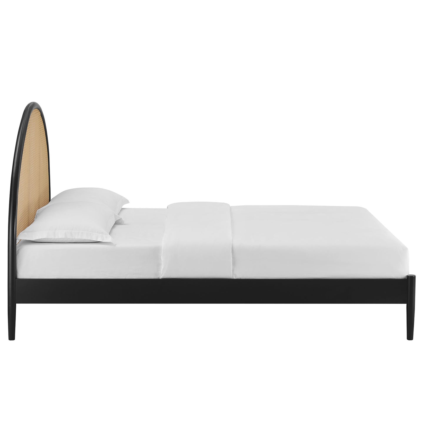 MOD-7214-BLK black platform bed with arched rattan cane headboard and white bedding.