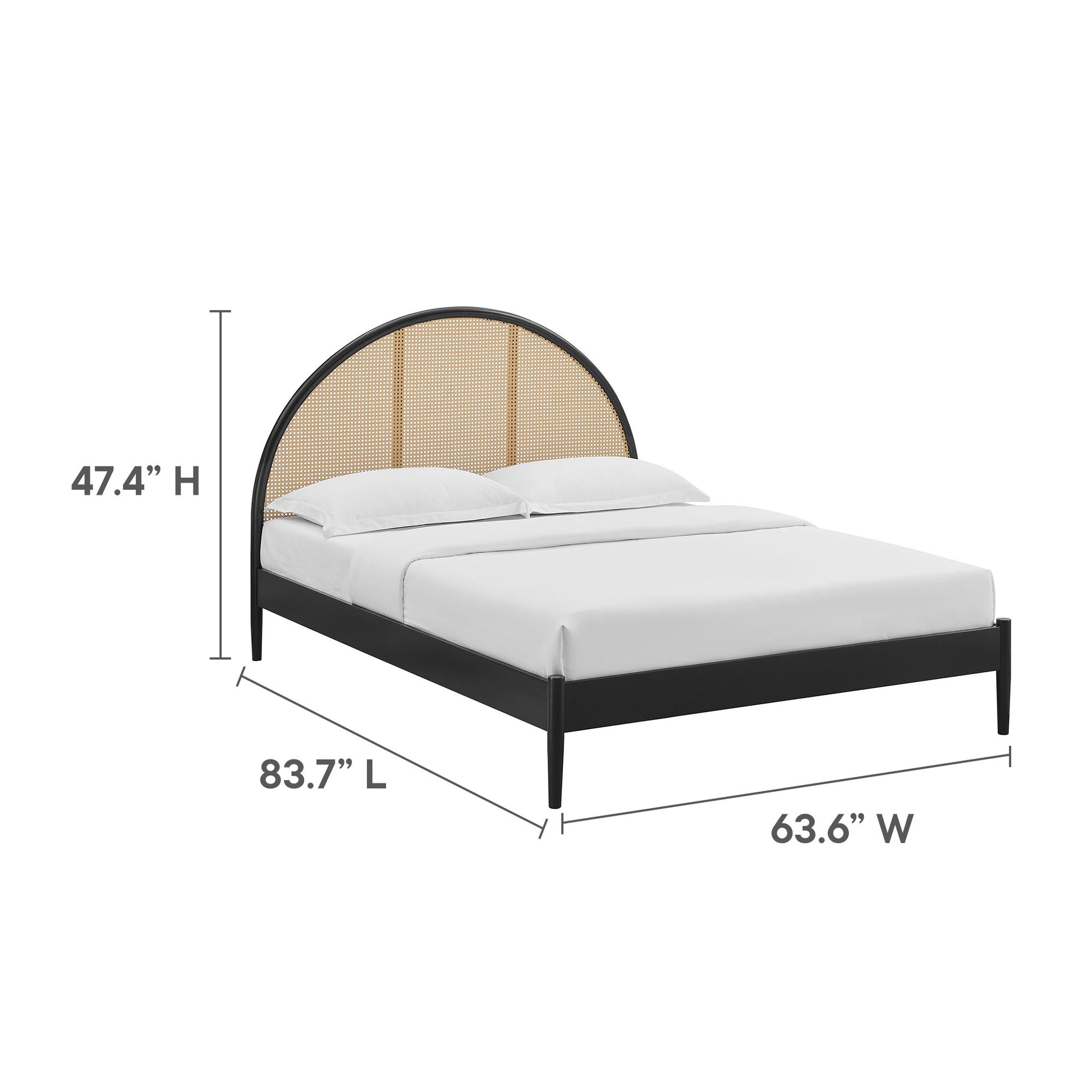 Odette black bed with round woven cane headboard, platform frame, white bedding.