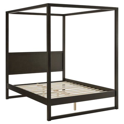 Dark brown canopy-style platform bed with four posts, a slatted base, and a low rectangular headboard.