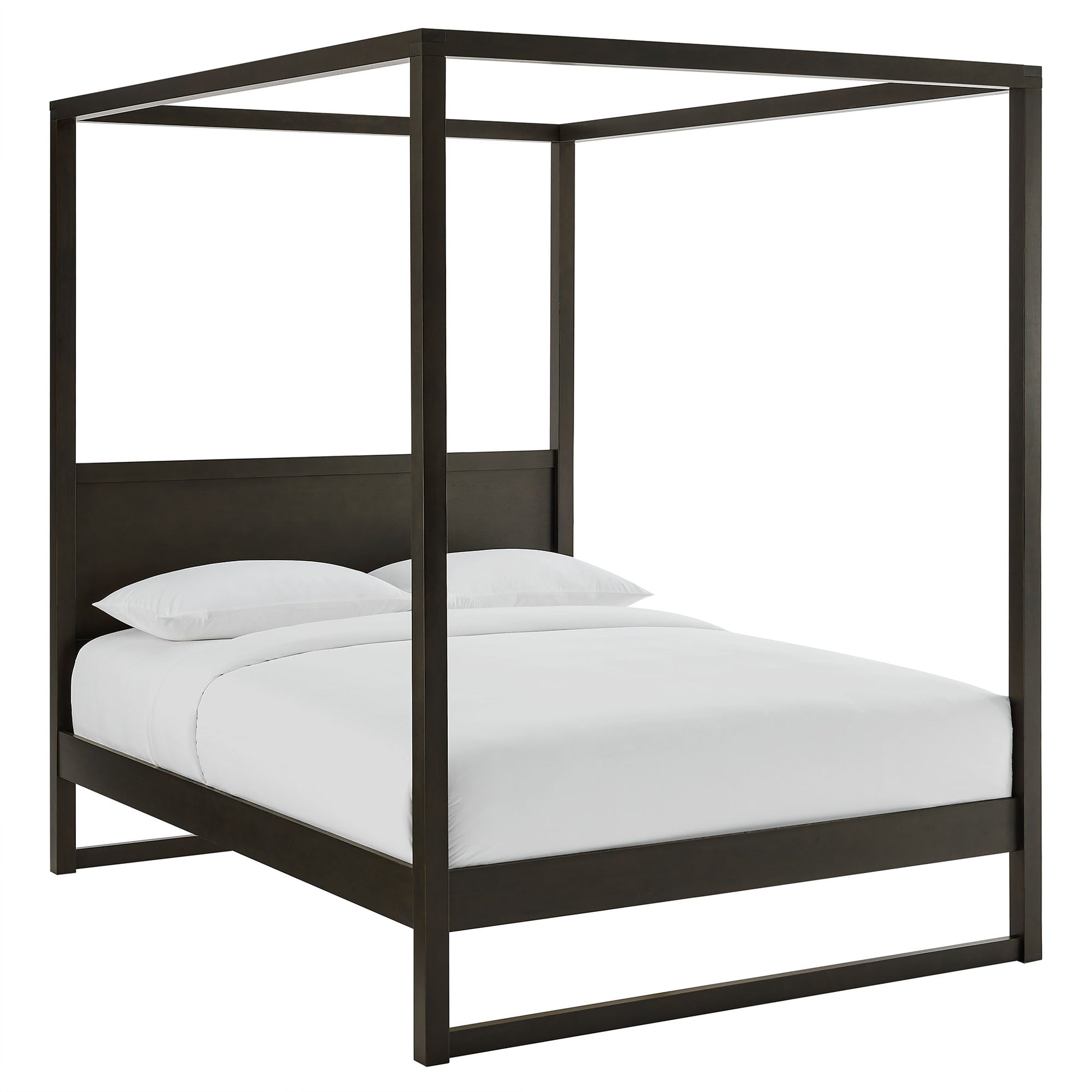 Dark espresso wood canopy bed with square posts and platform frame, king size, white duvet and pillows.