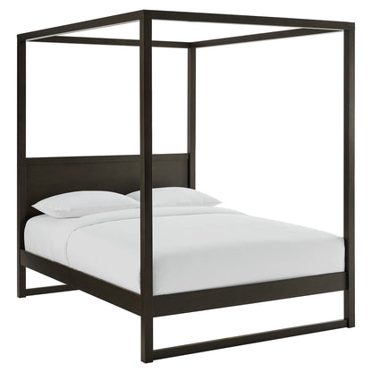 Dark espresso wood canopy bed with square posts and platform frame, king size, white duvet and pillows.