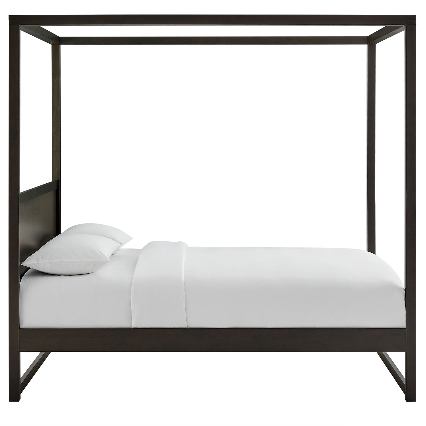 Dark wood king canopy bed frame with white linens and two pillows, modern minimalist design.