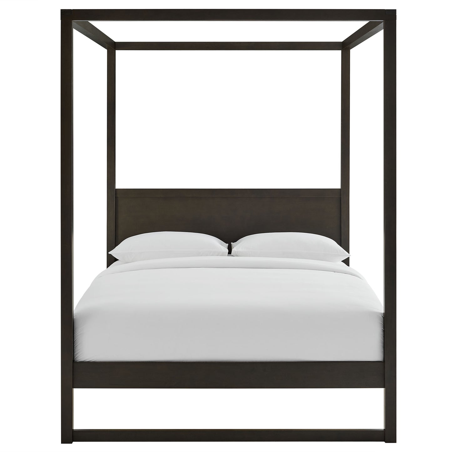 Dark wood four-poster bed with white bedding and pillows; minimalist canopy frame.