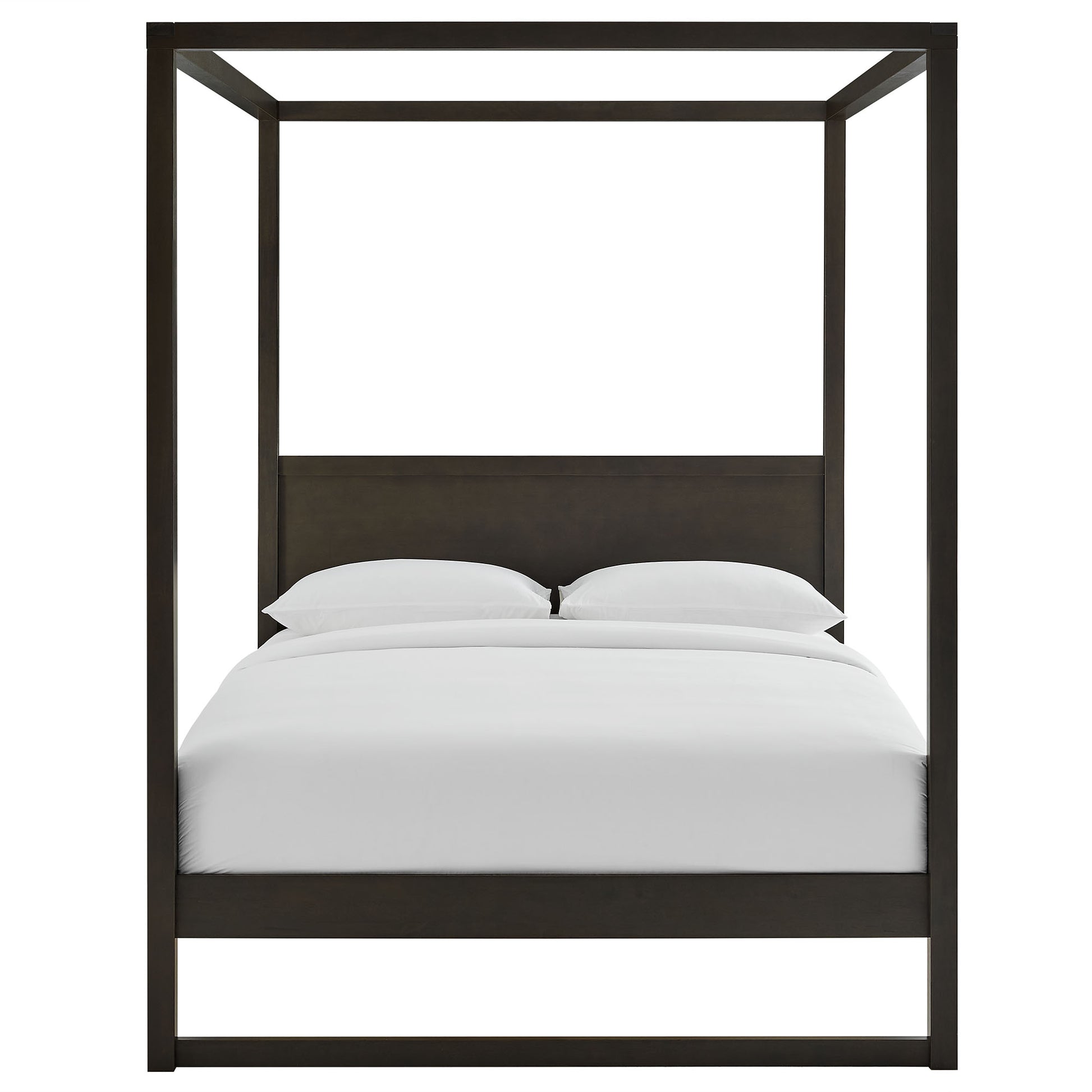 Dark wood four-poster bed with white bedding and pillows; minimalist canopy frame.