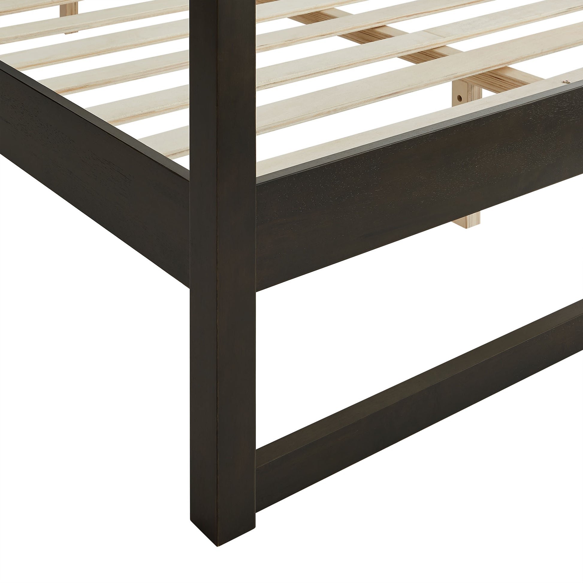 Dark brown wood canopy platform bed with slats and square legs