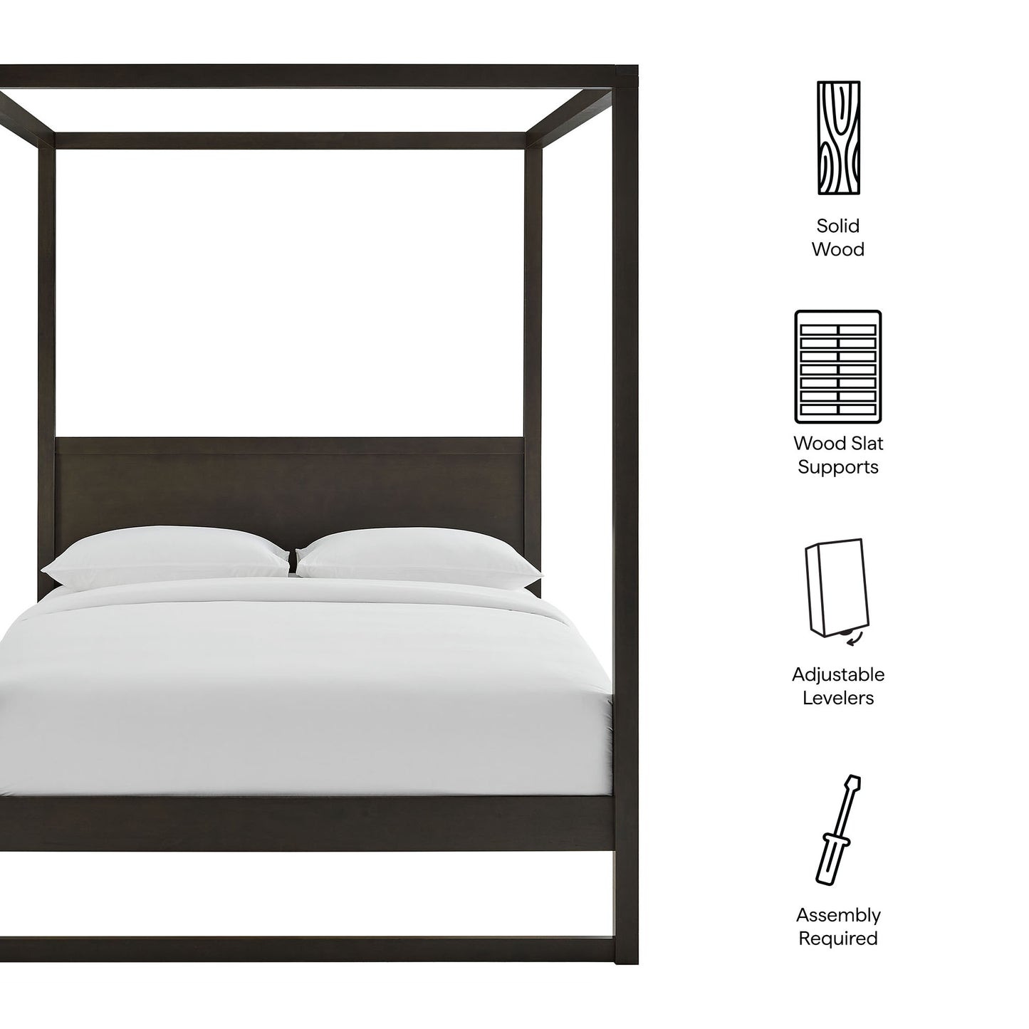Dark brown wood canopy bed with white bedding; solid wood frame and slat supports.