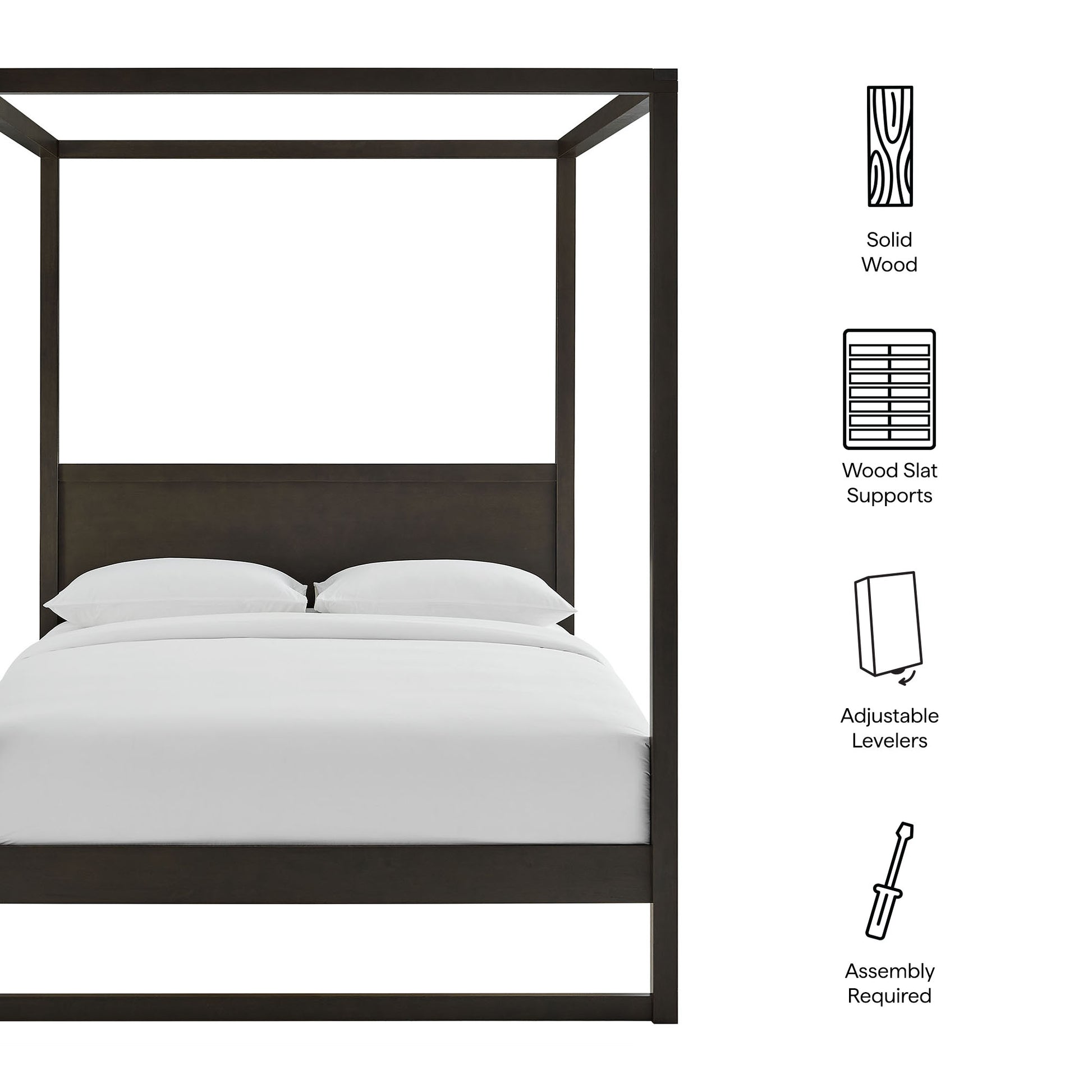Dark brown wood canopy bed with white bedding; solid wood frame and slat supports.