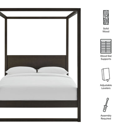 Dark brown wood canopy bed with white bedding; solid wood frame and slat supports.