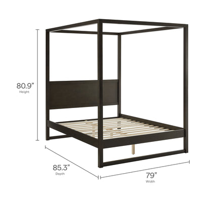 Dark espresso king canopy platform bed frame with four posts and rectangular canopy rails; slatted foundation; 79W x 85.3D x 80.9H