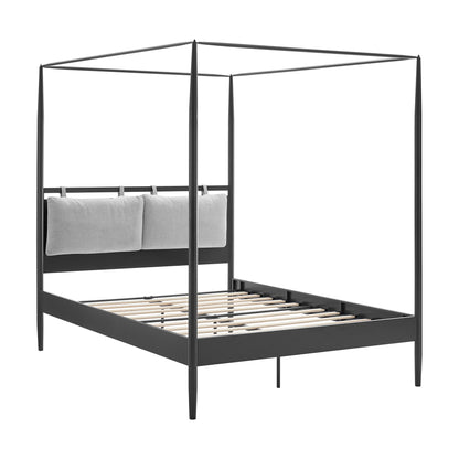 Black metal four-poster canopy platform bed frame with a slatted base for a queen mattress.