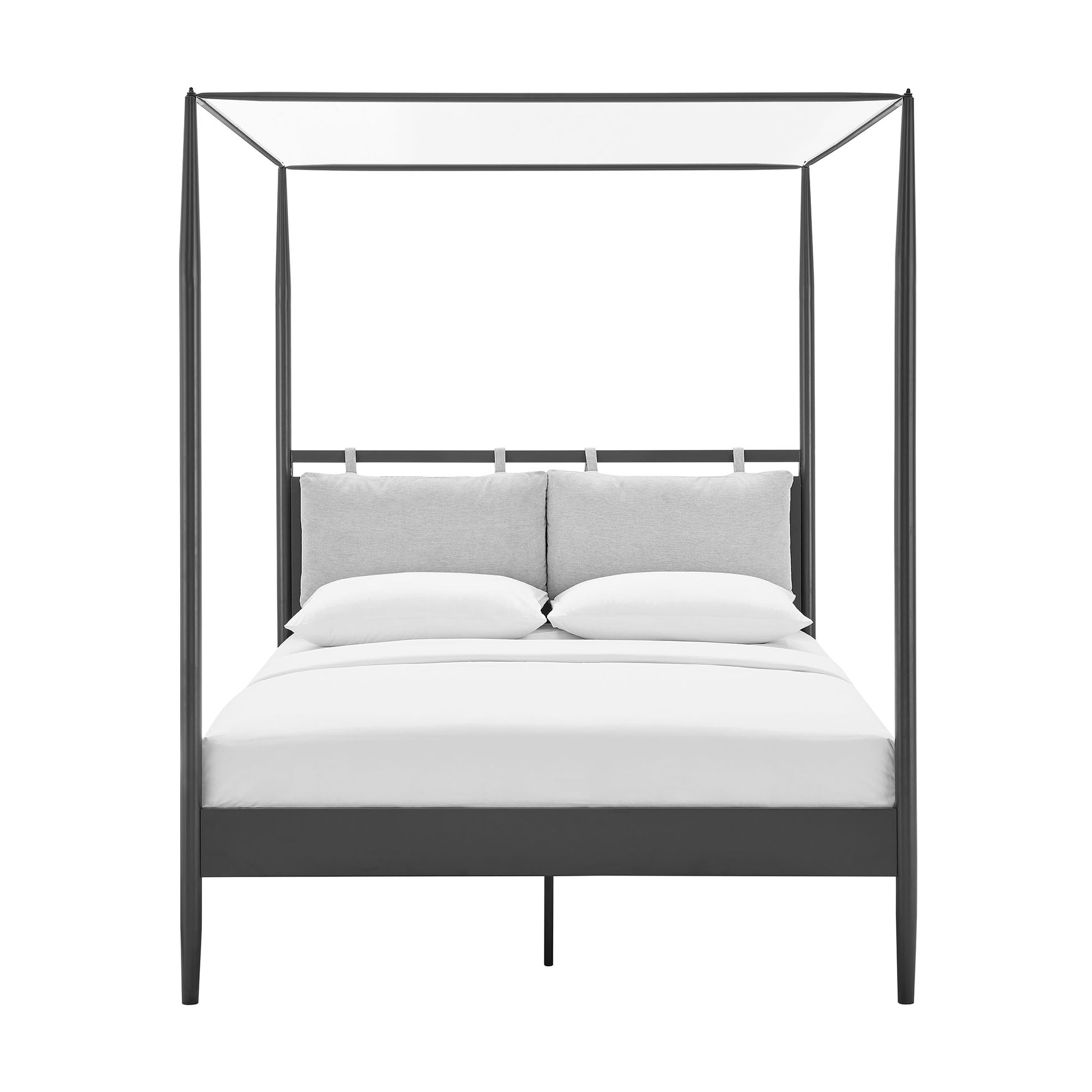 Dark metal four-poster canopy bed with white bedding & two gray pillows, modern minimalist style.