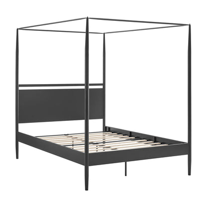 Black metal four-poster bed frame with slatted wooden base and simple headboard, minimalist canopy design