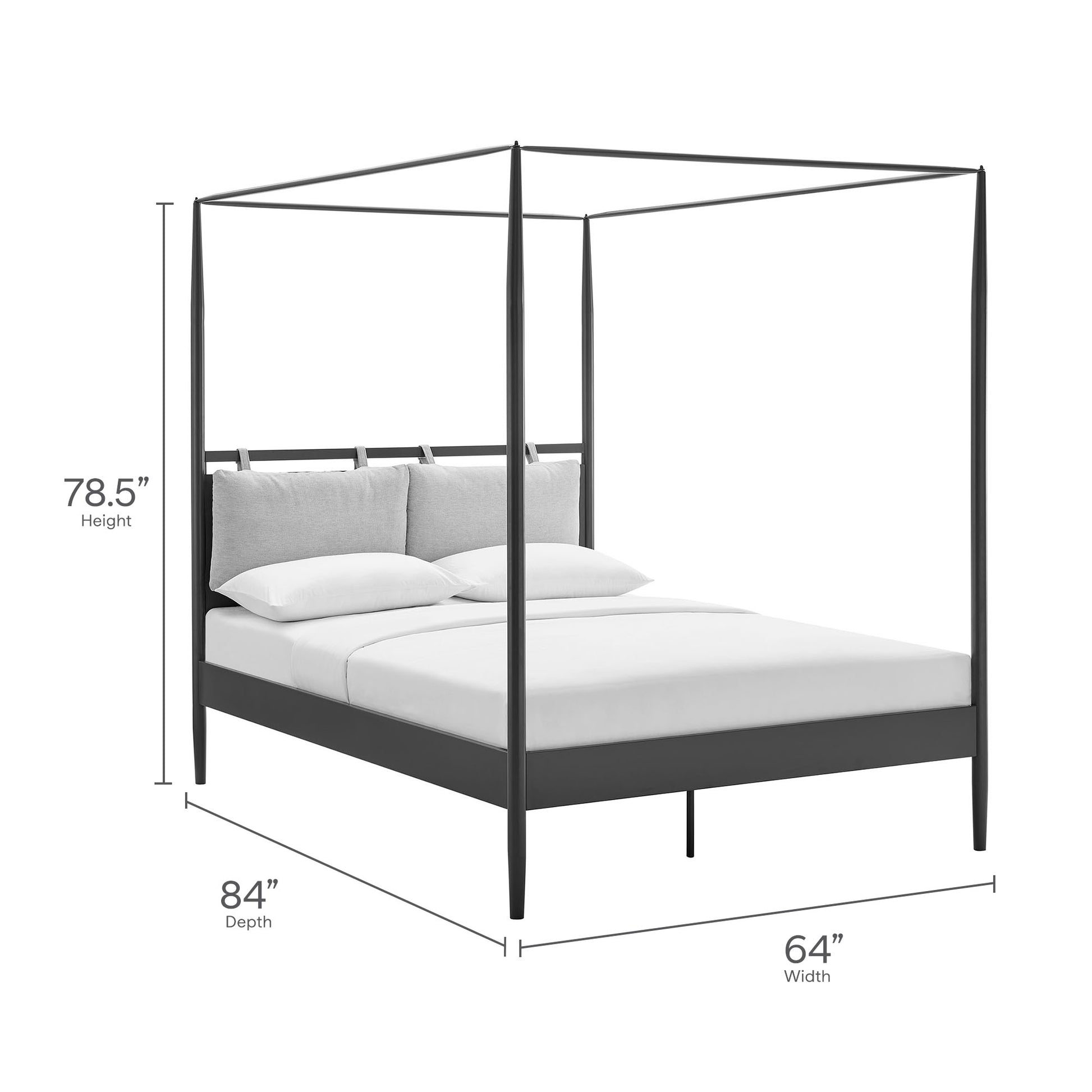 Dark metal four-poster canopy bed with tall posts, minimalist frame, white bedding and pillows.