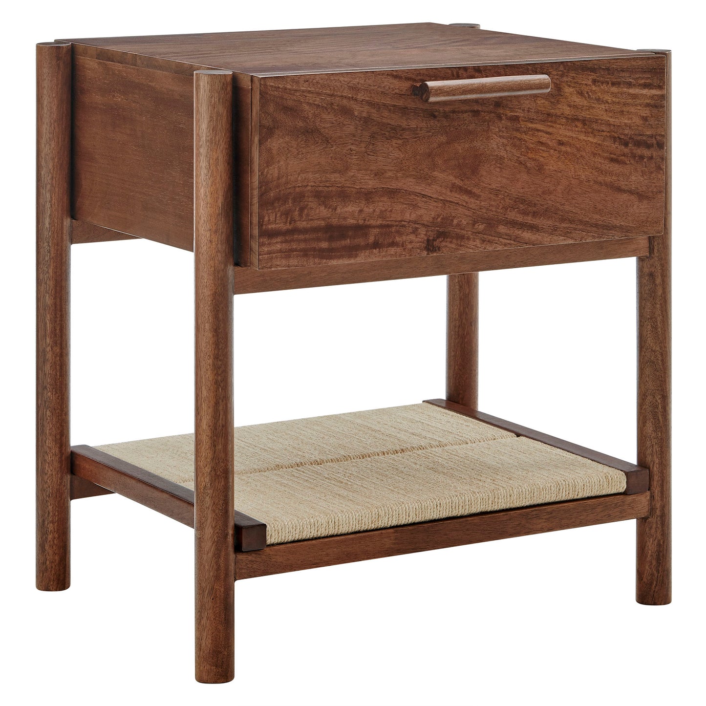 Dark walnut wood nightstand with straight legs, a single front drawer with a handle, and a lower woven cane shelf.