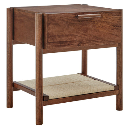 Dark walnut wood nightstand with straight legs, a single front drawer with a handle, and a lower woven cane shelf.