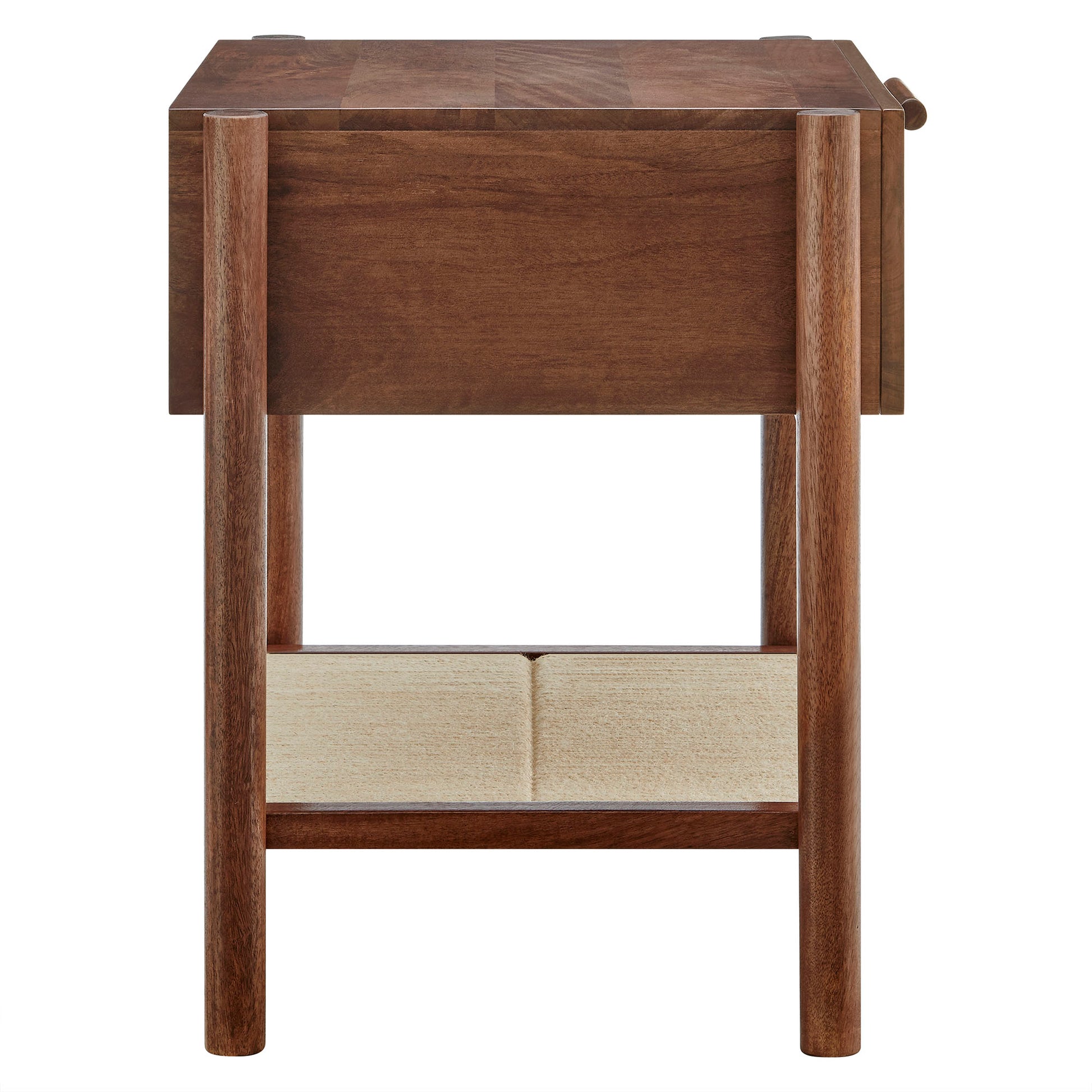 Walnut finish wooden nightstand with tapered legs and a single drawer.