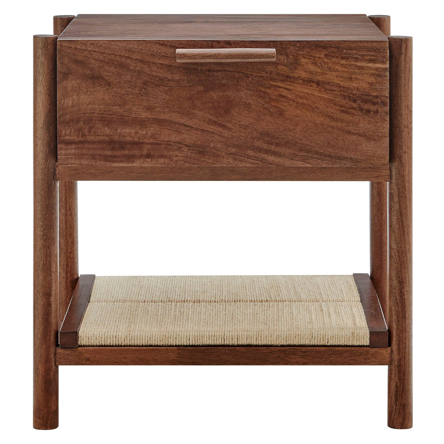 Walnut-finish mid-century end table with a single drawer and woven cane lower shelf.